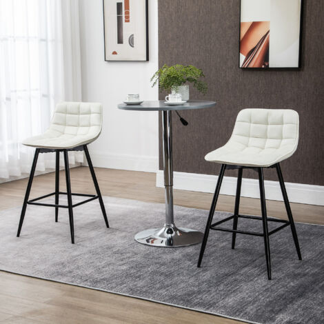 Set 2 Sgabelli Alti in Stile Nordico con Schienale e Poggiapiedi, Sgabelli con Schienale in Tessuto Effetto Velluto e Metallo, 45x47x84 cm, Crema