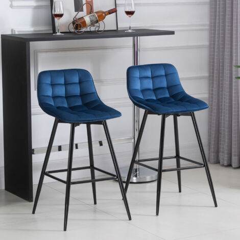 Set 2 Sgabelli Alti in Stile Nordico con Schienale e Poggiapiedi, Sgabelli con Schienale in Tessuto Effetto Velluto e Metallo, 45x47x88 cm, Blu