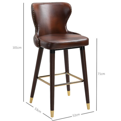 Set 2 Sgabelli da Bar Alti in Stile Industriale con Schienale e Poggiapiedi, Seduta in Finta pelle e Gambe in Legno, Sgabelli Vintage per Cucina e Ristorante, 52x53x101cm