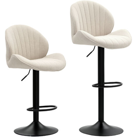 Set 2 Sgabelli da Bar con Schienale a Conchiglia 48x50x94-115 cm in Tessuto Effetto Ciniglia Nero e Beige