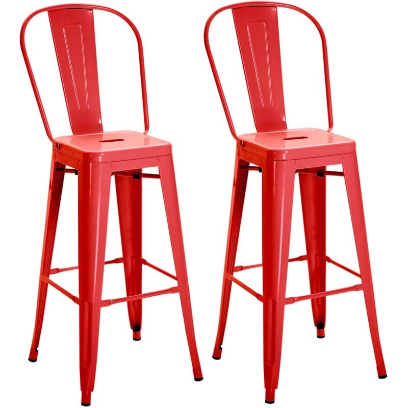 Set 2 Sgabelli da Bar Stile Industriale Schienale Rimovibile 44x49x116 cm in Metallo Rosso