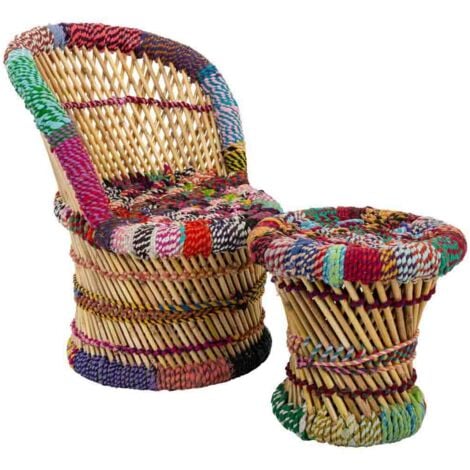Set 2 sillón y taburete de bambú y cuerda de colores