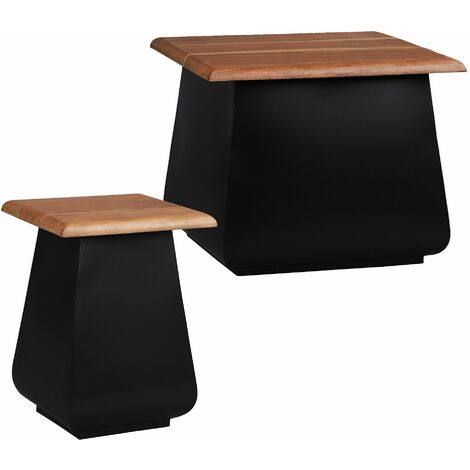 Set 2 table basse de salon métal noir bois d'acacia table d'appoint de thé café