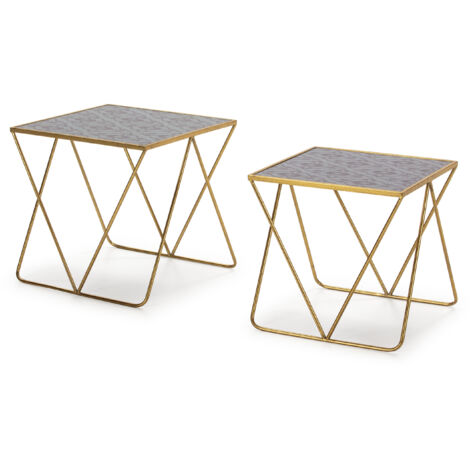 Set/2 Table d'Appoint 60x32x60 / 54x29x56 Verre Décoré/Métal Doré