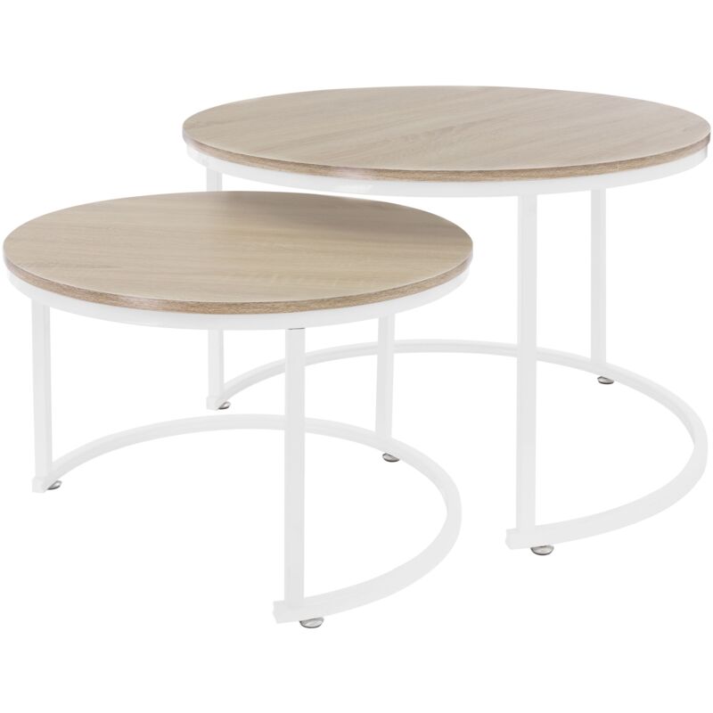 Ml-design - Set 2x Tables d`Appoint, Rond, ø 59x40 cm/Ø74x48 cm, mdf Chêne Sonoma/Structure Métal Blanc, Tables Gigognes Modernes, Multiples Usages,