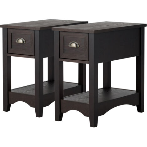 Set 2 tavolino da divano con 1 cassetto e 1 ripiano, Comodini rettangolari in legno massello da soggiorno Marrone scuro