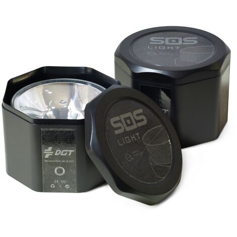 Set 2 unidades SOS LIGHT - luz de emergencia autónoma, señal v16 de preseñalización de peligro, homologada DGT V16 - en estuche - autonomía hasta 6 horas o mediante conexión a toma de corriente del vehículo - con base imantada