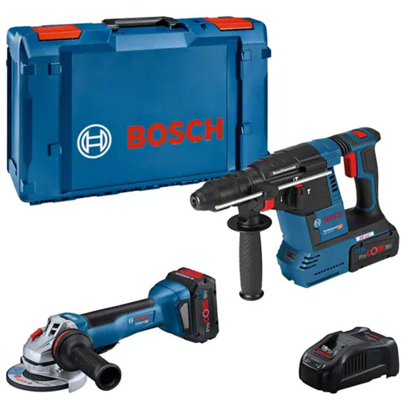 Bosch - Set 2 utensili 18V: gws 18V-10 p + gbh 18V-26 professional - con 2 batterie 18V 5,5 ah - caricabatterie - l-boxx - 0615990N33