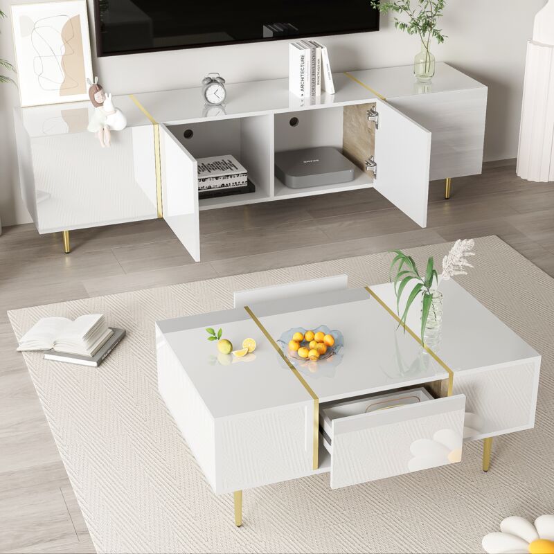 Modenvie Set 2 Wohnzimmermöbel, Tv-schrank Und Couchtisch Mit Türen Und Schubladen, Mdf Weiß Hochglanz