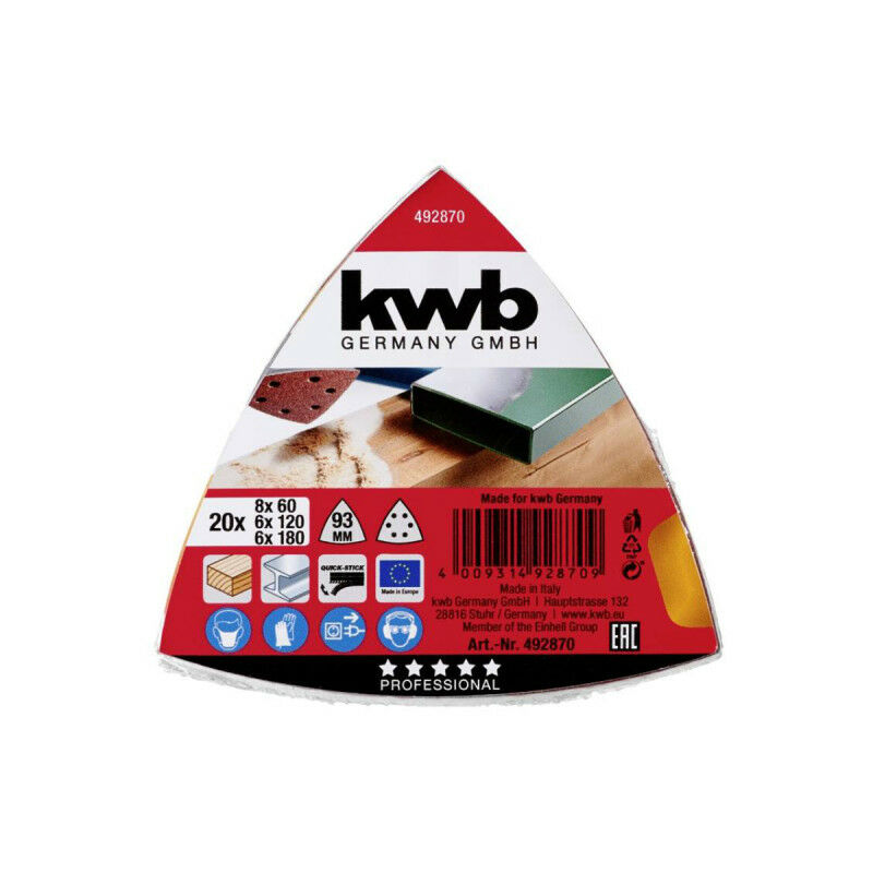 KWB Patins abrasifs triangulaires QUICK-STICK, BOIS & M&Eacute;TAL, 93 mm - 492870