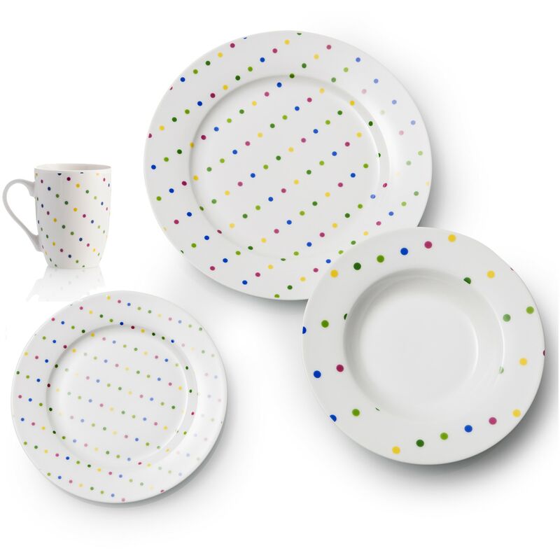 

Benetton - Set 22 piezas vajilla decoración puntos, en loza: vajilla 18 piezas (6 servicios (plato llano, plato hondo y plato de postre) y 4 tazas