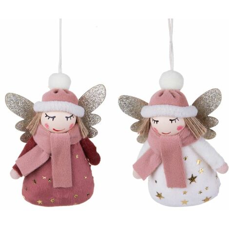 Set 2 angeli in tessuto coppia peluche bianco e rosa 41 cm angelo