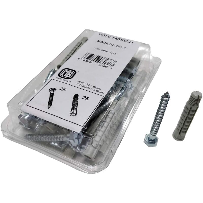 Set 25 Viti E Tasselli Viti 7x65 Mm, Per Muro Pieno, Mattone Forato...