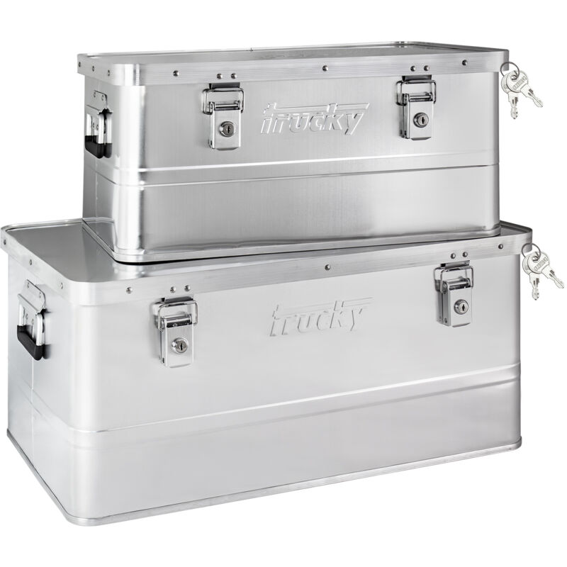 Set 2x Boîte en aluminium avec couvercle Argentée Set 50/85 l Boîte en métal Boîte de transport Boîte de rangement Verrouillable Trucky