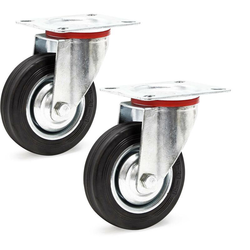 Image of Wiltec - Set 2x ruote piroettanti in gomma piena 100 mm Cerchi in metallo e piastra di fissaggio 70 kg/ruota