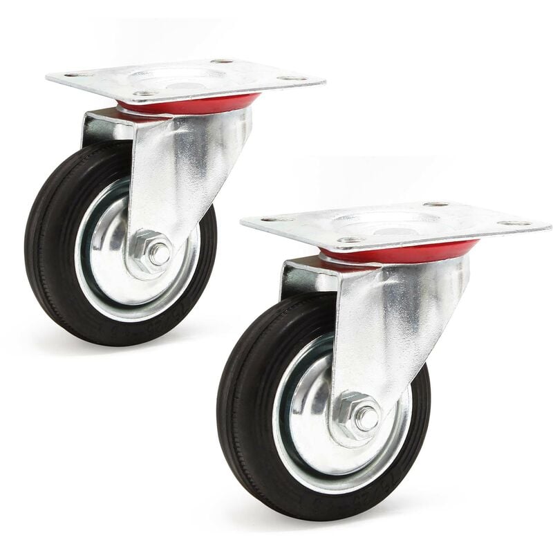 Image of Set 2x ruote piroettanti in gomma piena 75mm Cerchi in metallo e piastra di fissaggio 50kg/ruota