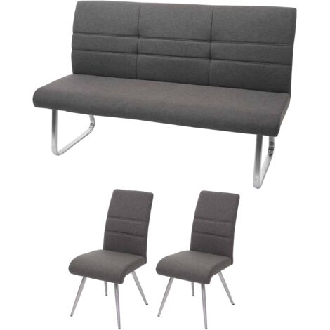 Set 2x sedie senza braccioli e panca da interni HHG-708 acciaio inox tessuto grigio