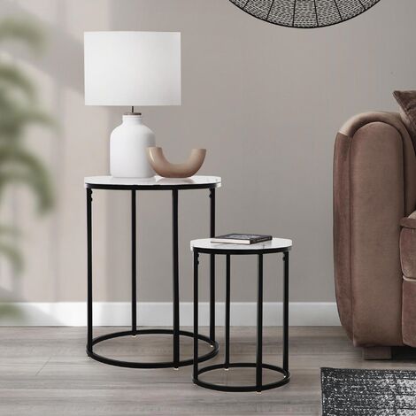 Set 2x tables d'appoint aspect marbre table basse en métal noir/blanc Ø50/Ø60 cm