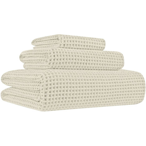 Set 3/5 Pezzi Asciugamani Bagno 100% Cotone Tessuto Nido D'ape Super Assorbenti Telo Doccia Salvietta Viso Asciugamano Salviette Teli Asciugamano Ospite Prodotto Italiano Beige - 3 Pezzi