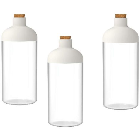 Set 3 barattoli contenitori cucina 0.6 litri – forma bottiglia – tappo dosatore in sughero – trasparente – chiusura bianca design – BPA Free – per spezie, caffè, zucchero