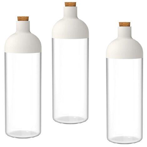 Set 3 barattoli contenitori cucina 0.9 litri – forma bottiglia – tappo dosatore in sughero – trasparente – chiusura bianca design – BPA Free – per spezie, caffè, zucchero