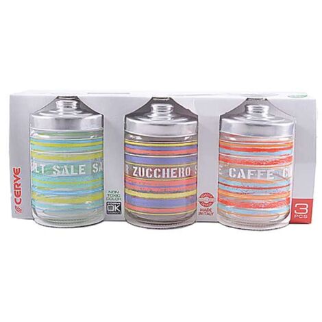 Set 3 Barattoli da Cucina in Vetro Sale Zucchero Caffè Caraibi