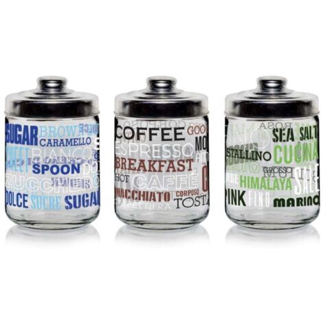 Set 3 Barattoli da Cucina in Vetro Writings Sale Zucchero Caffè