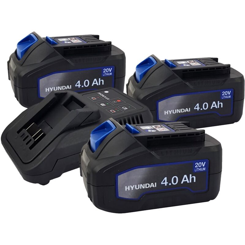 Set 3 Batteries pour outil électroportatif - HYUNDAI HBA20U4 - 20V - 4Ah avec Chargeur HFC20U - Compatible avec la gamme 20V