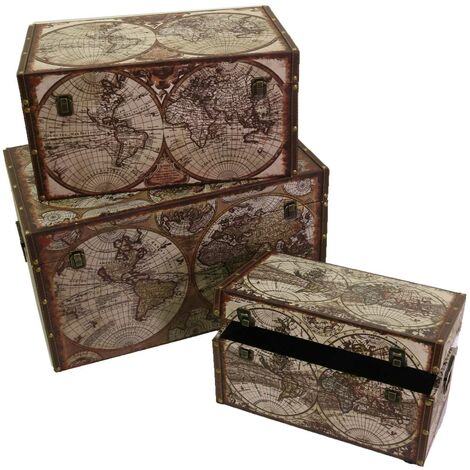 Set 3 Bauli Rettangolari in Similpelle Design Mappamondo Marrone