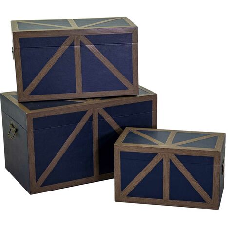 Set 3 Bauli Rettangolari in Similpelle e Legno Blu