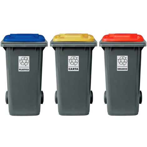 Set 3 bidoni porta rifiuti - capacità 120 litri - bicolor con fondo grigio e coperchi colorati per raccolta differenziata (Rosso, Blu e Giallo)