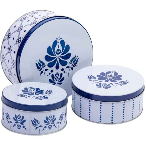 Set 3 botes de metal azul y blanco D20x9h-D18,5x7,5h-D14x6,5h cm