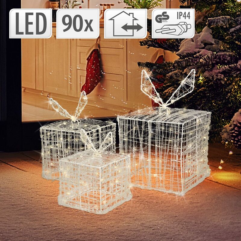 ECD Germany Juego De 3 Cajas De Regalo Con 90 LEDs Blanco Cálido Plástico Metal IP44 Resistente Al Agua Interior/Exterior Decoración Navideña Cajas