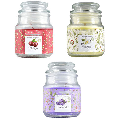 Set 3 Candela profumata fragranze alla ciliegia lavanda vaniglia con barattolo in vetro 85 gr di cera estratti naturali