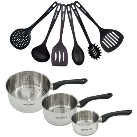Set 3 casseroles 12 16 et 20 cm en inox et 6 ustensiles Fackelmann Geneva