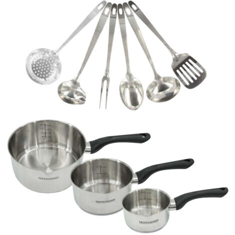 Set 3 casseroles 12 16 et 20 cm en inox et 6 ustensiles inox Fackelmann Geneva
