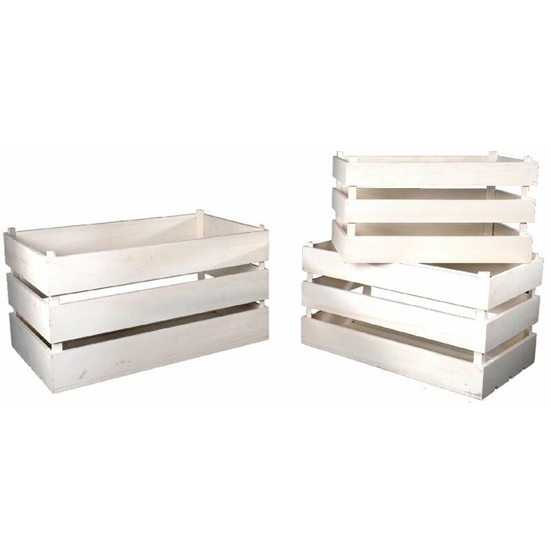 Image of Set 3 Cassette decorative in legno con doghe contenitore porta oggetti -Bianco