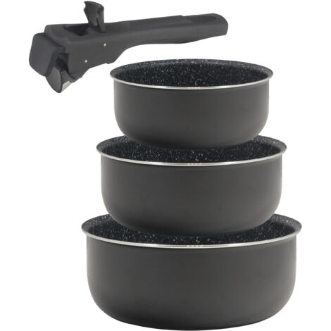 Set 3 cazos 16+18+20cm aluminio prensado apta inducción Click & cook black CON mango Click & cook