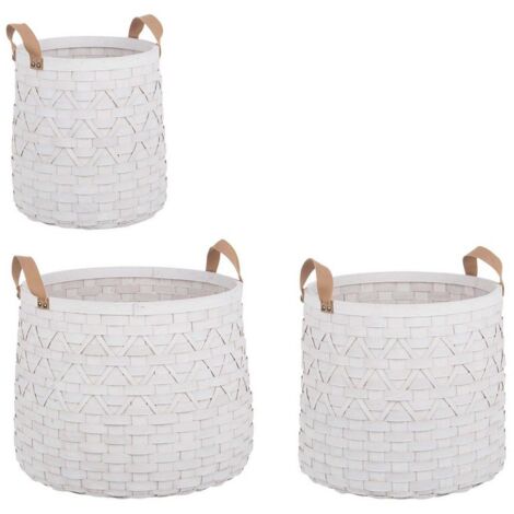 Set 3 ceste tonde Lisette Bianco con manici e in legno di abete in varie misure -Marrone