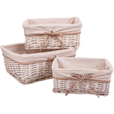 Set 3 cestos de mimbre forrados blancos