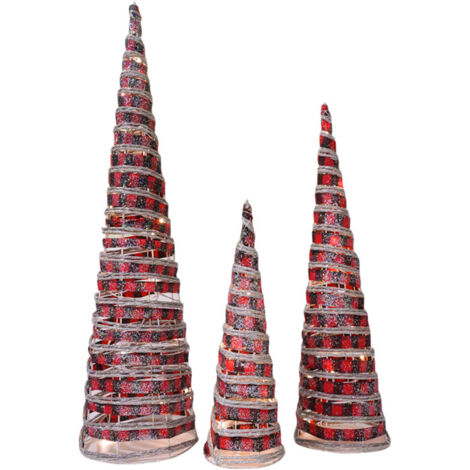 Set 3 Coni di Natale con LED in Plastica Rosso Glitterato