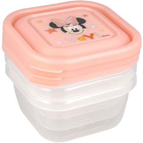 Set 3 contenitori per frigo Disney Minnie in plastica alimentare per bambini piccoli, ideale per trasportare cibo ovunque
