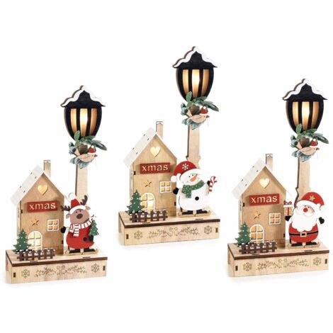 Set 3 Decorazioni Natalizie da Tavolo a Forma di Casette con Luce Calda