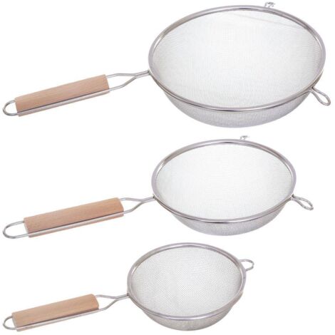 Set 3 Edelstahl+Holzsiebe Durchmesser 12cm/16cm/20cm