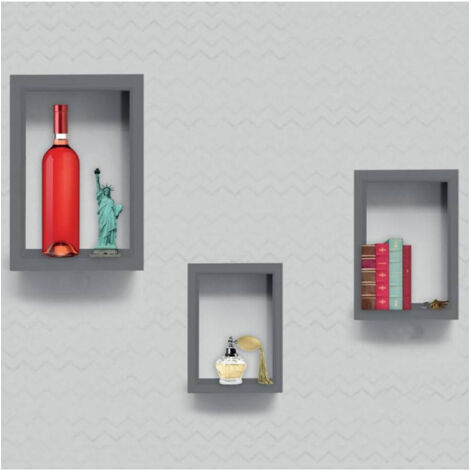 Set 3 étagères Murales Design Moderne Rectangulaire Cube En Bois Gris