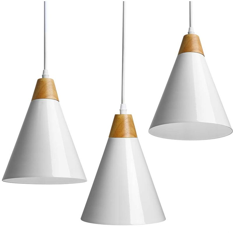 Image of Bakaji - Set 3 Lampadari Sospensione Moderno Design Lampada Metallo Legno Bianco E27