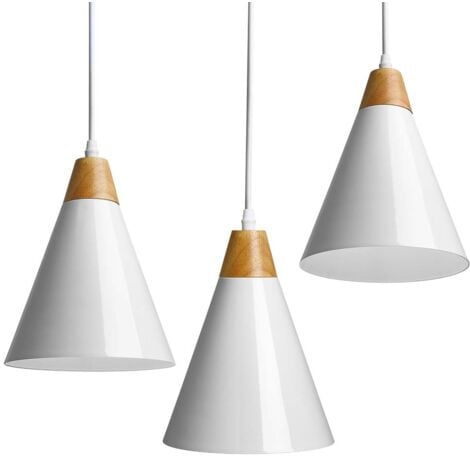 Set 3 Lampadari Sospensione Moderno Design Lampada Metallo Legno Bianco E27
