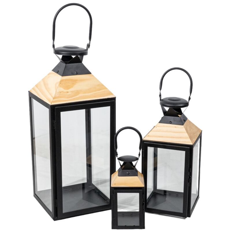 Fijalo - Ensemble de 3 lanternes en métal/bois noir