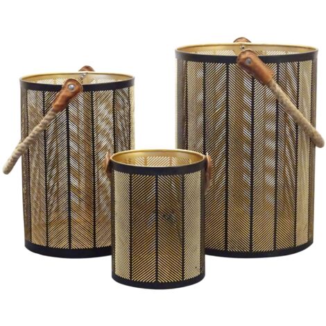 Set 3 lanterne in acciaio con interno dorato e manico in juta Golden Light -  DarkGreen
