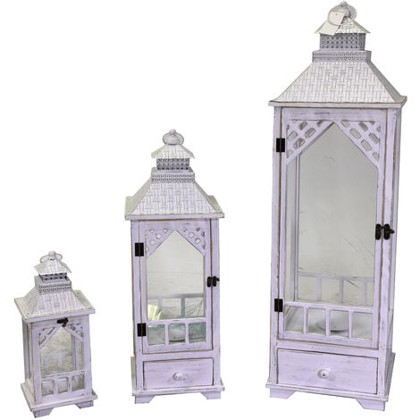 Set 3 Lanterne In Legno Shabby Chic Con Cappelliera In Metallo Martellato  Oro